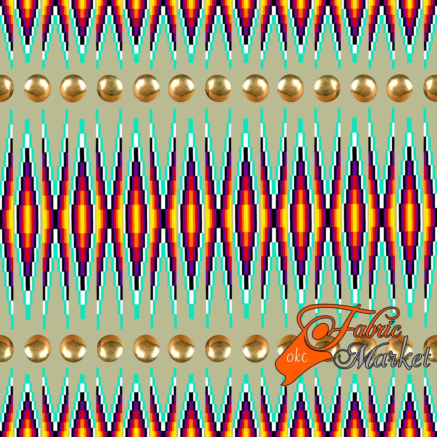 Gold Conchos with Geometric Bead Work design Fabric by Paula TopSky Houtz