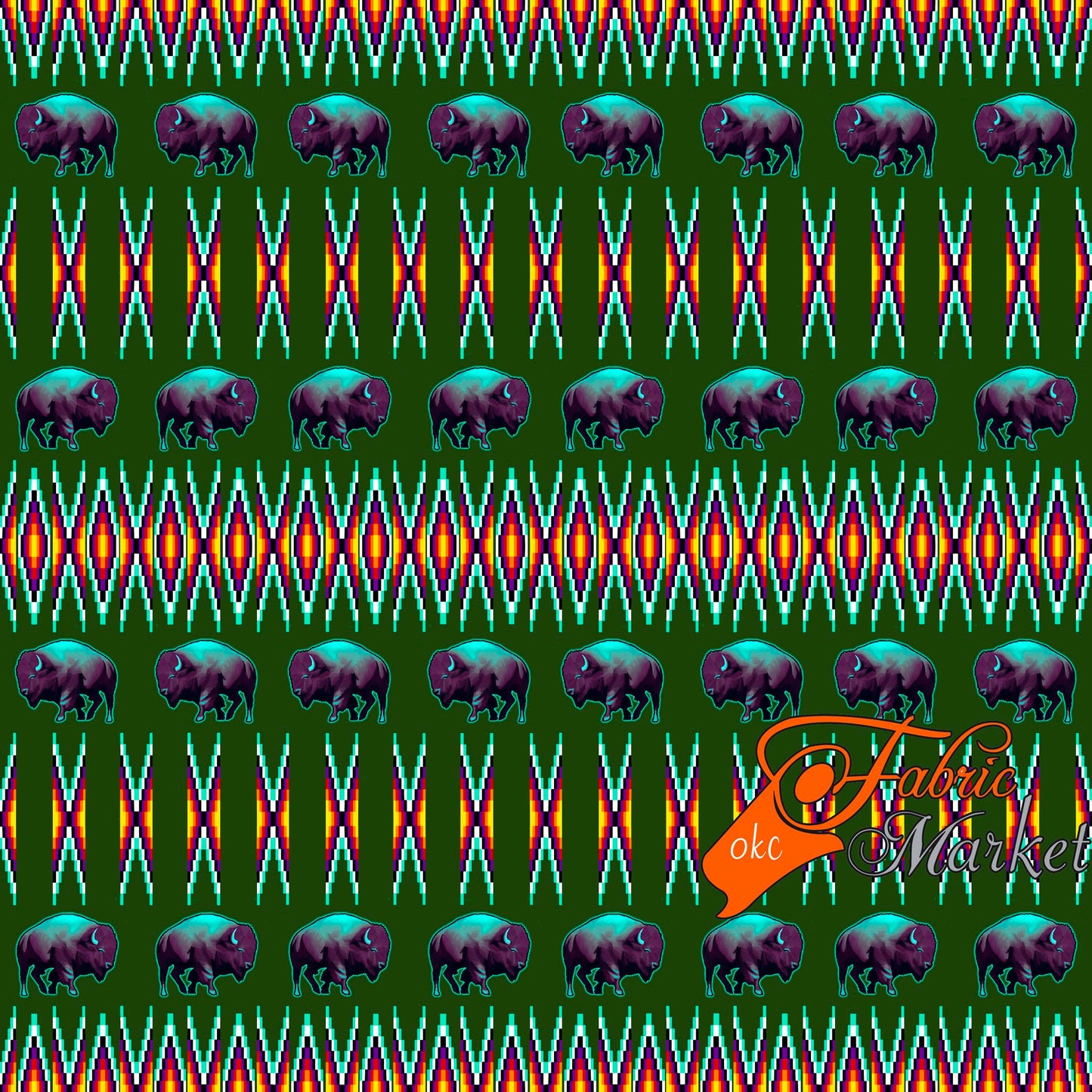 Buffalos with Geometric Bead Work design Fabric by Paula TopSky Houtz