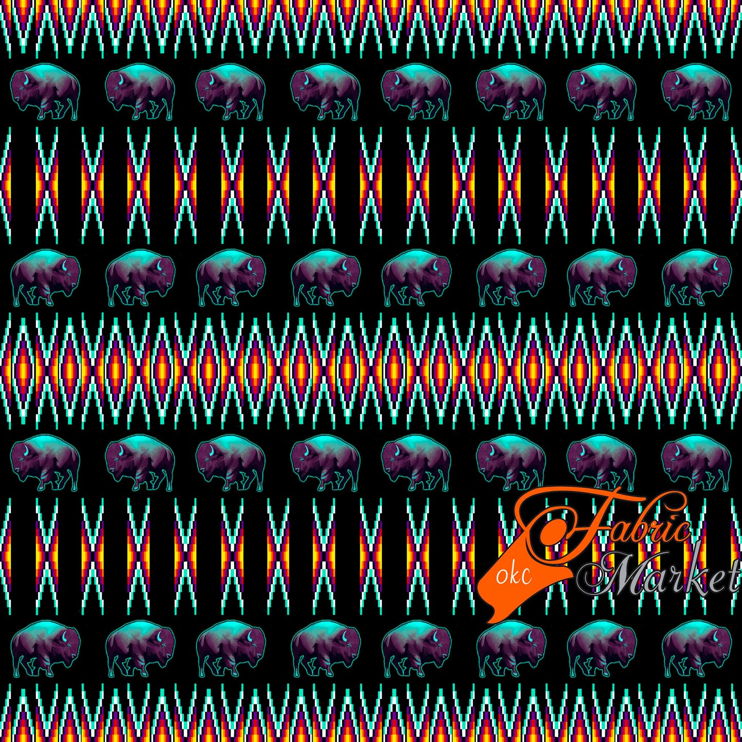 Buffalos with Geometric Bead Work design Fabric by Paula TopSky Houtz