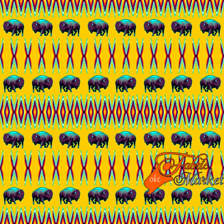 Buffalos with Geometric Bead Work design Fabric by Paula TopSky Houtz