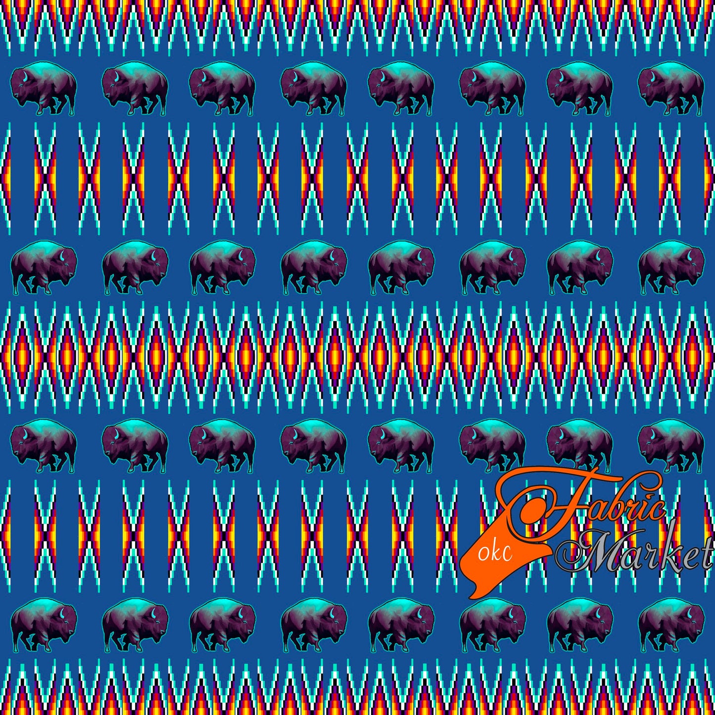 Buffalos with Geometric Bead Work design Fabric by Paula TopSky Houtz