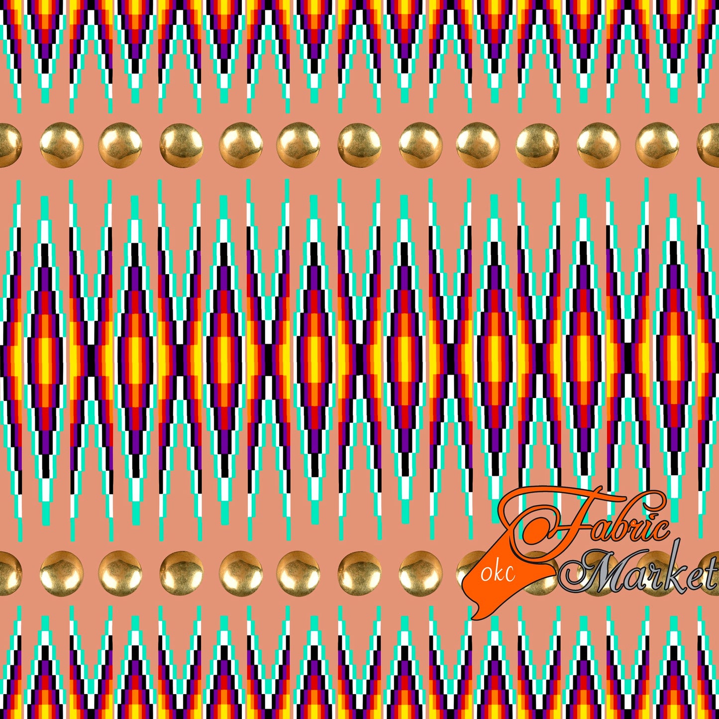 Gold Conchos with Geometric Bead Work design Fabric by Paula TopSky Houtz