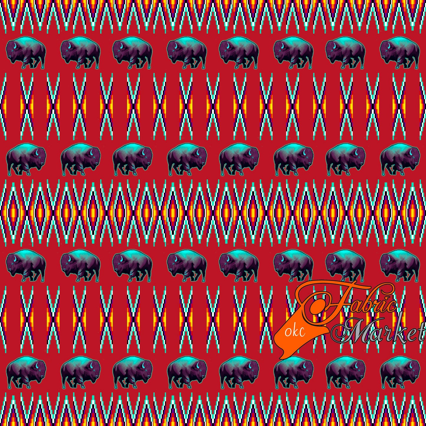 Buffalos with Geometric Bead Work design Fabric by Paula TopSky Houtz
