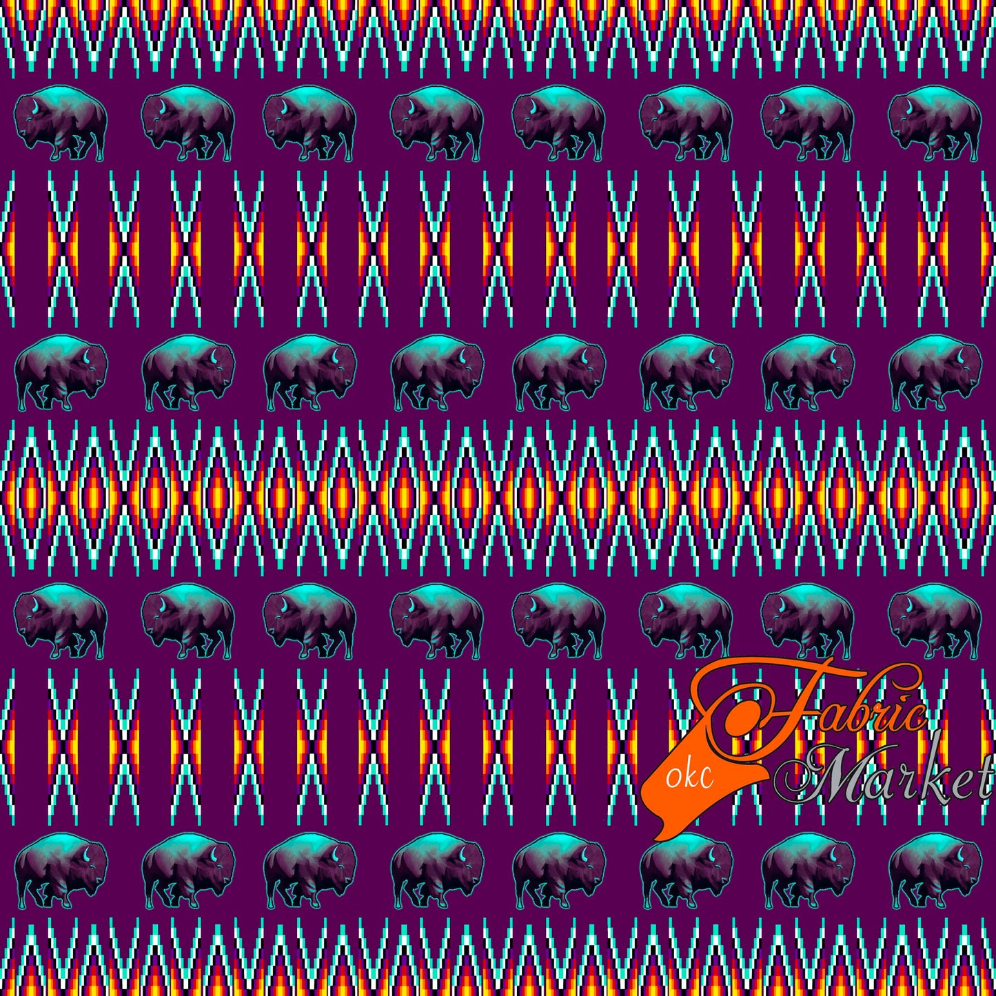 Buffalos with Geometric Bead Work design Fabric by Paula TopSky Houtz
