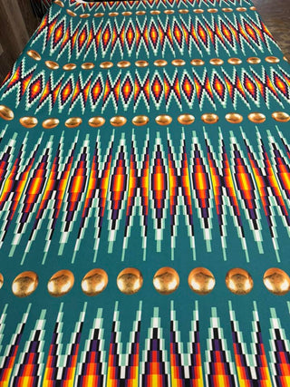 Gold Conchos with Geometric Bead Work design Fabric by Paula TopSky Houtz