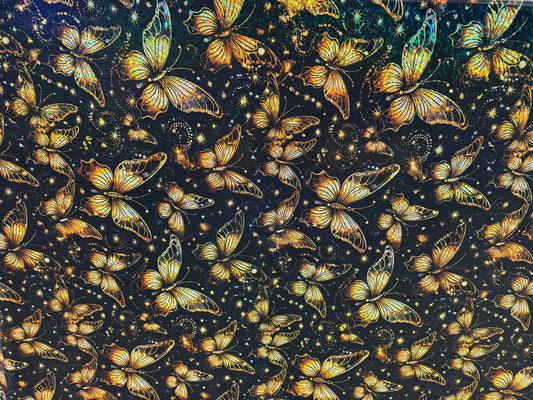 Golden Butterflies on SHATTERED GLASS HOLOGRAPHIC FABRIC