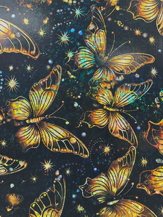 Golden Butterflies on SHATTERED GLASS HOLOGRAPHIC FABRIC