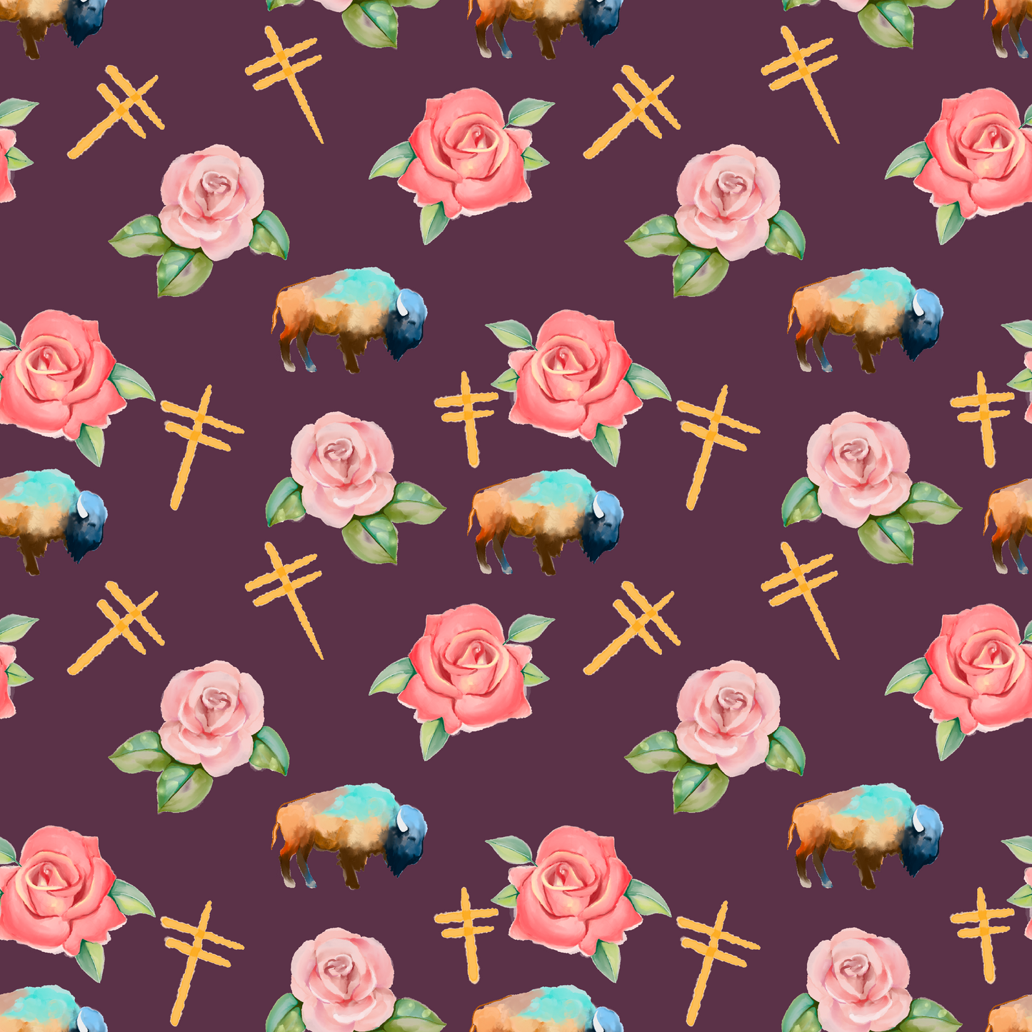 Water Color Buffalo, Dragonflies and Roses design Fabric by Paula TopSky Houtz
