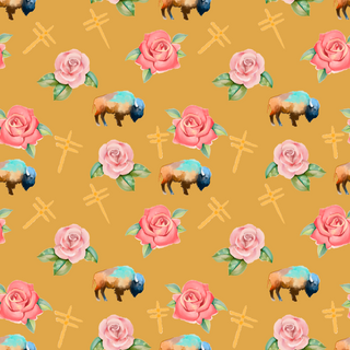 Water Color Buffalo, Dragonflies and Roses design Fabric by Paula TopSky Houtz