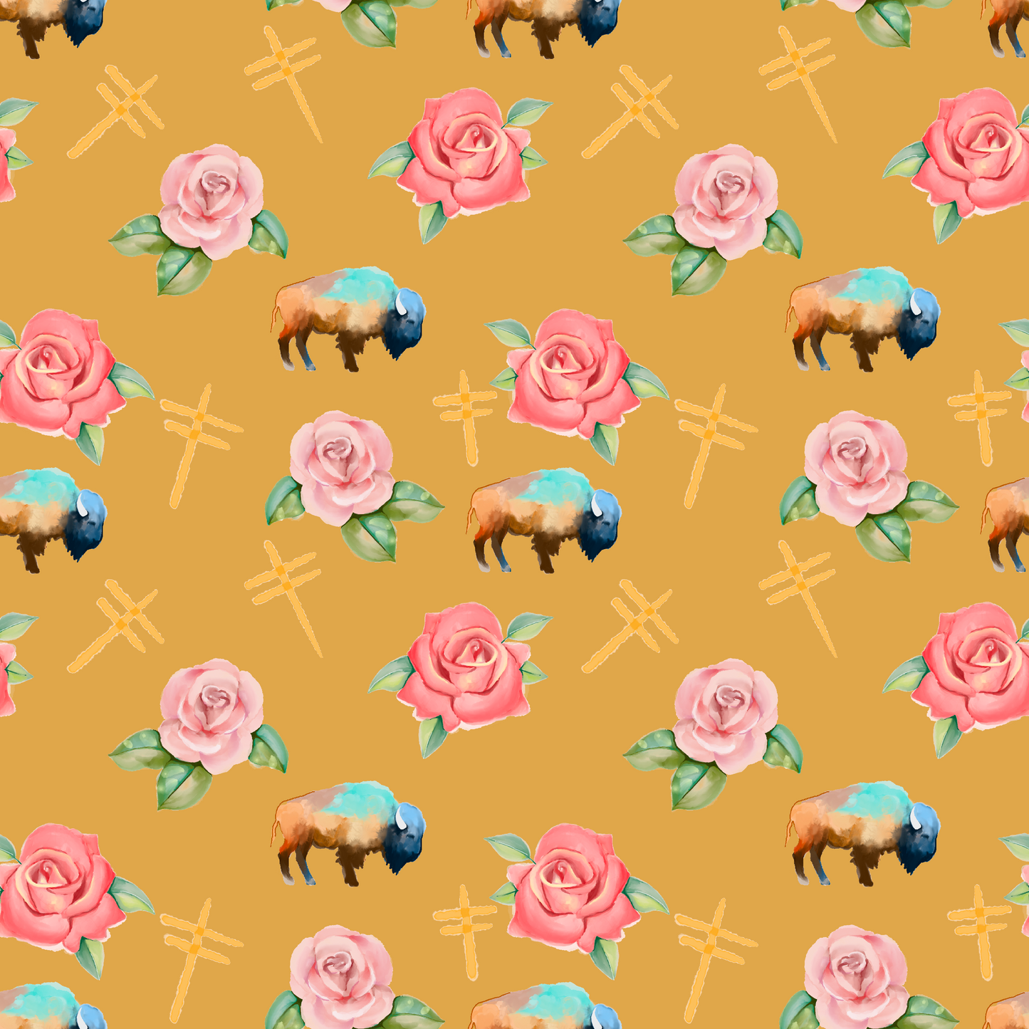 Water Color Buffalo, Dragonflies and Roses design Fabric by Paula TopSky Houtz