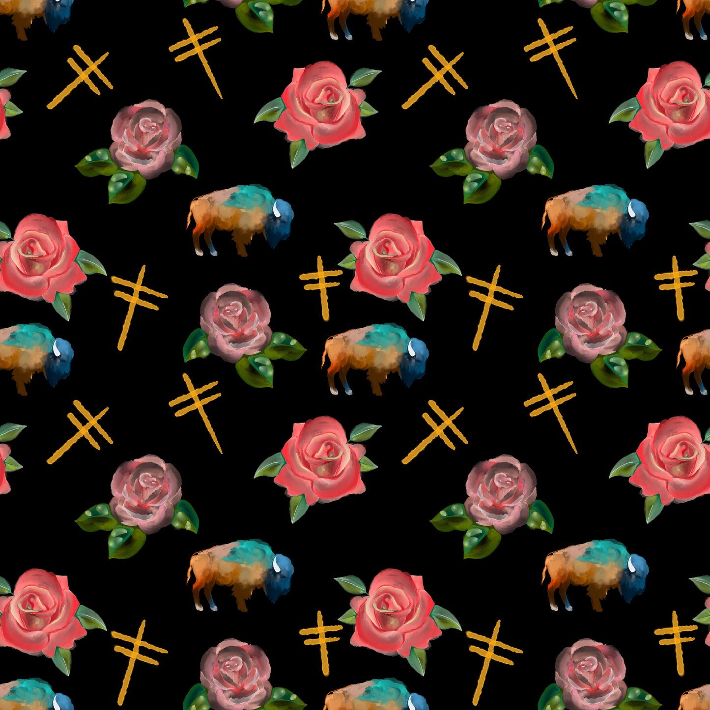 Water Color Buffalo, Dragonflies and Roses design Fabric by Paula TopSky Houtz