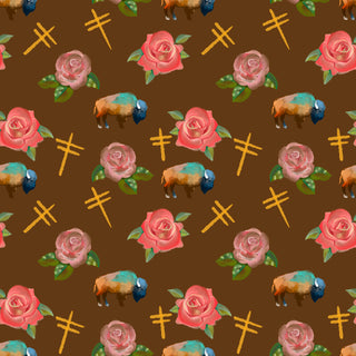 Water Color Buffalo, Dragonflies and Roses design Fabric by Paula TopSky Houtz