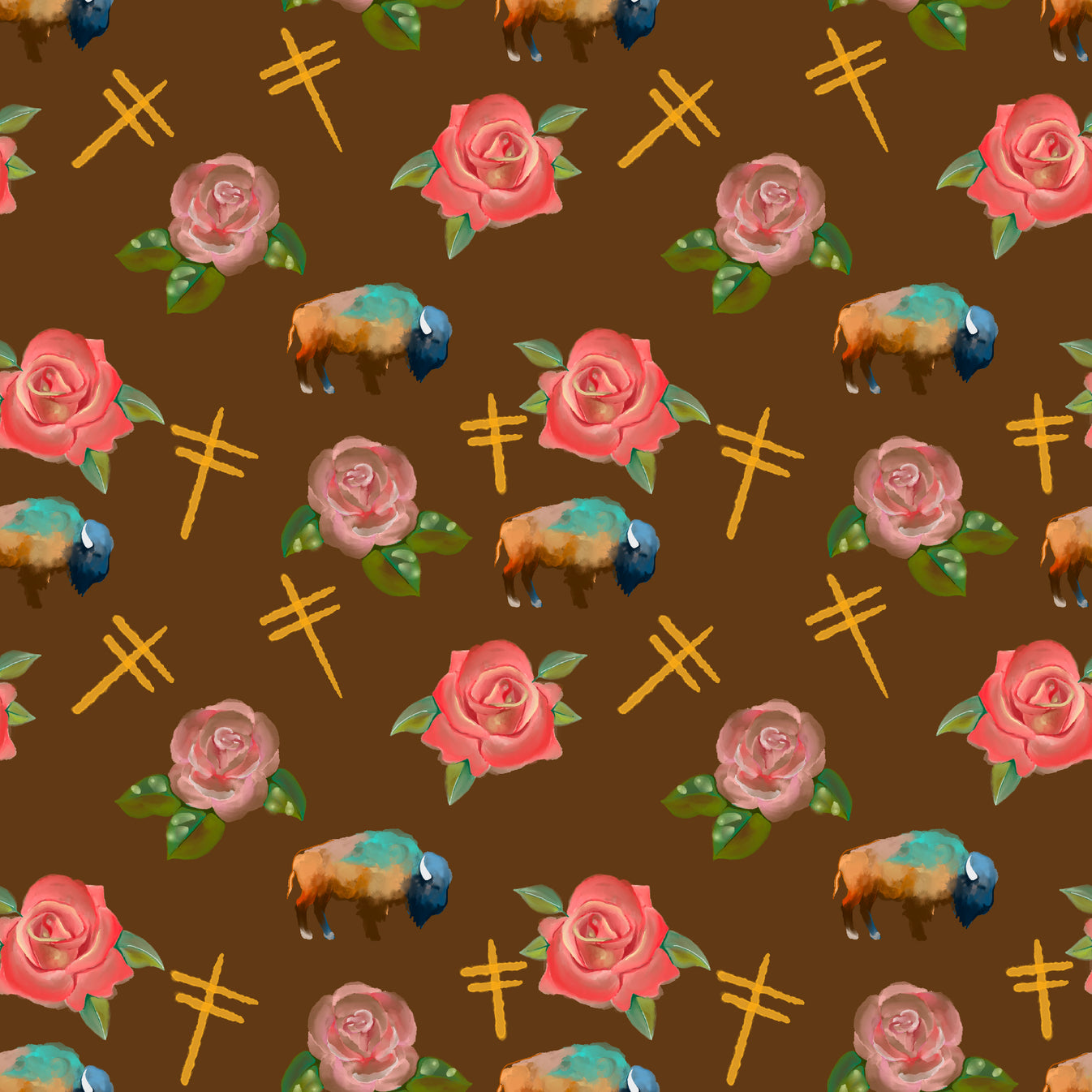 Water Color Buffalo, Dragonflies and Roses design Fabric by Paula TopS ...