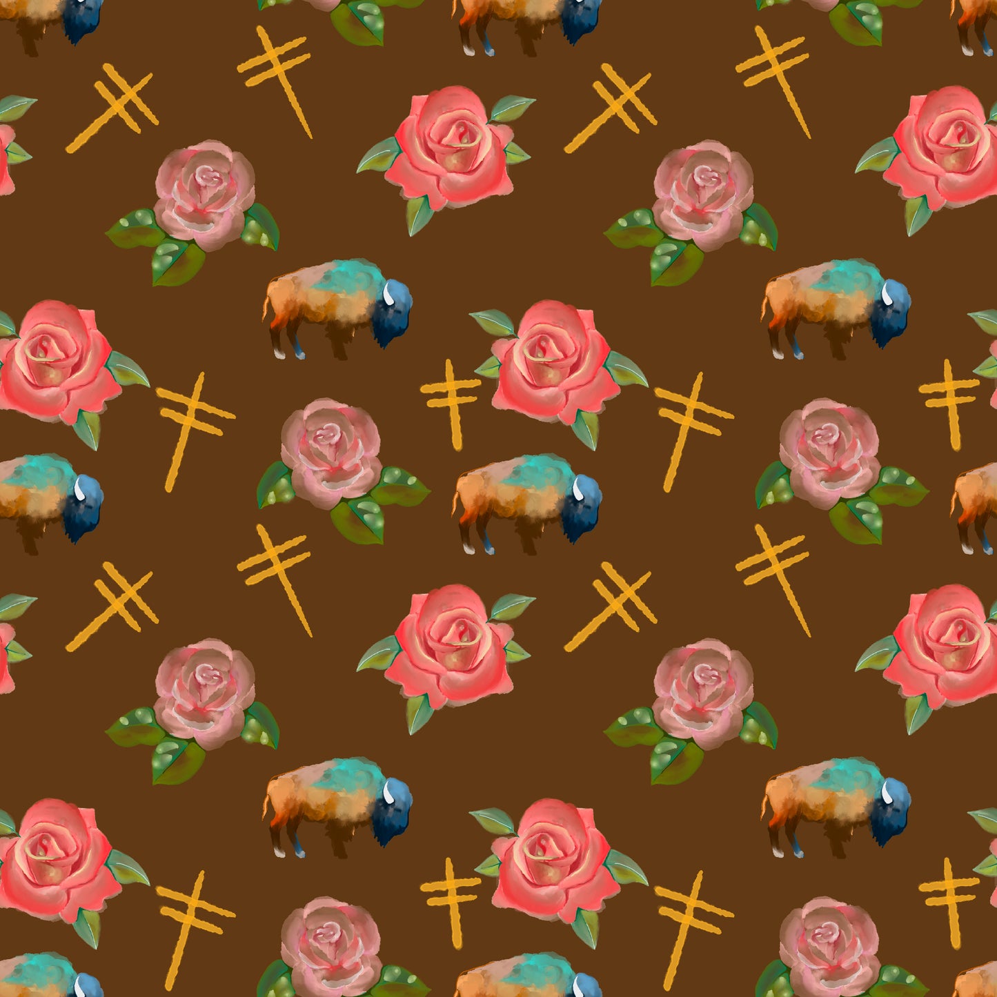 Water Color Buffalo, Dragonflies and Roses design Fabric by Paula TopSky Houtz