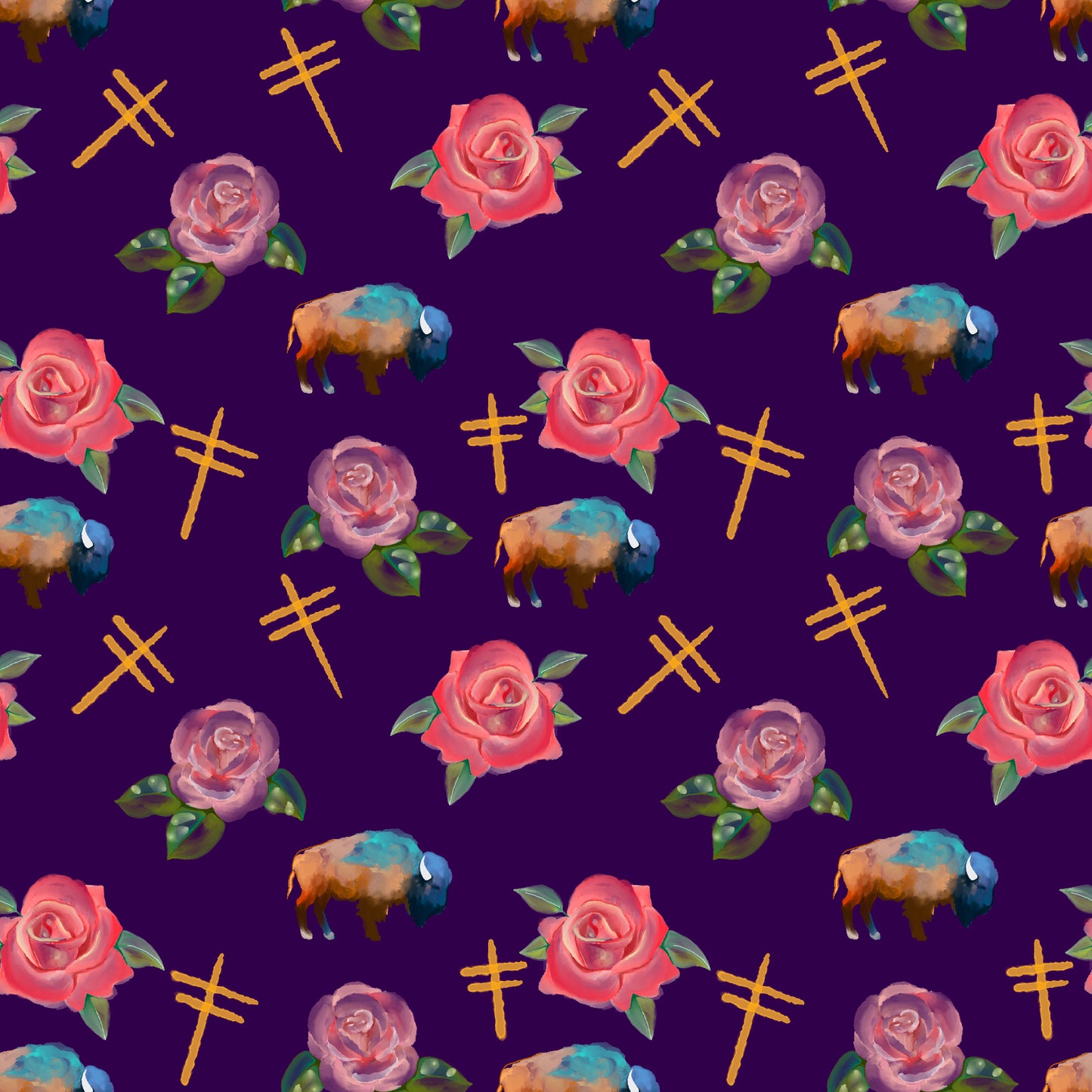 Water Color Buffalo, Dragonflies and Roses design Fabric by Paula TopSky Houtz