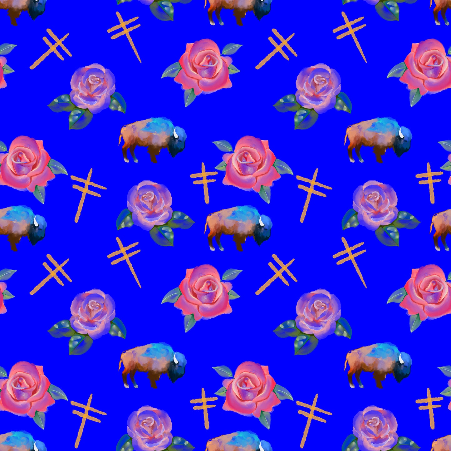 Water Color Buffalo, Dragonflies and Roses design Fabric by Paula TopSky Houtz