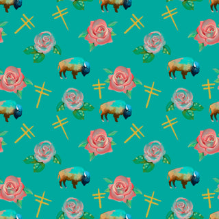 Water Color Buffalo, Dragonflies and Roses design Fabric by Paula TopSky Houtz