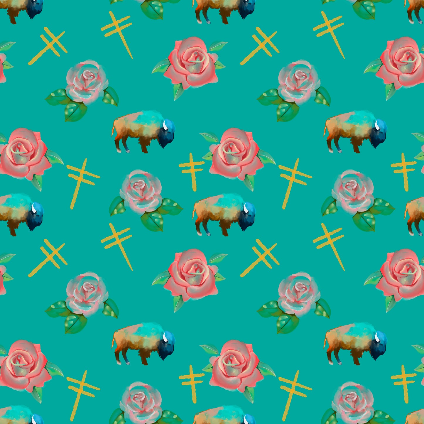 Water Color Buffalo, Dragonflies and Roses design Fabric by Paula TopSky Houtz