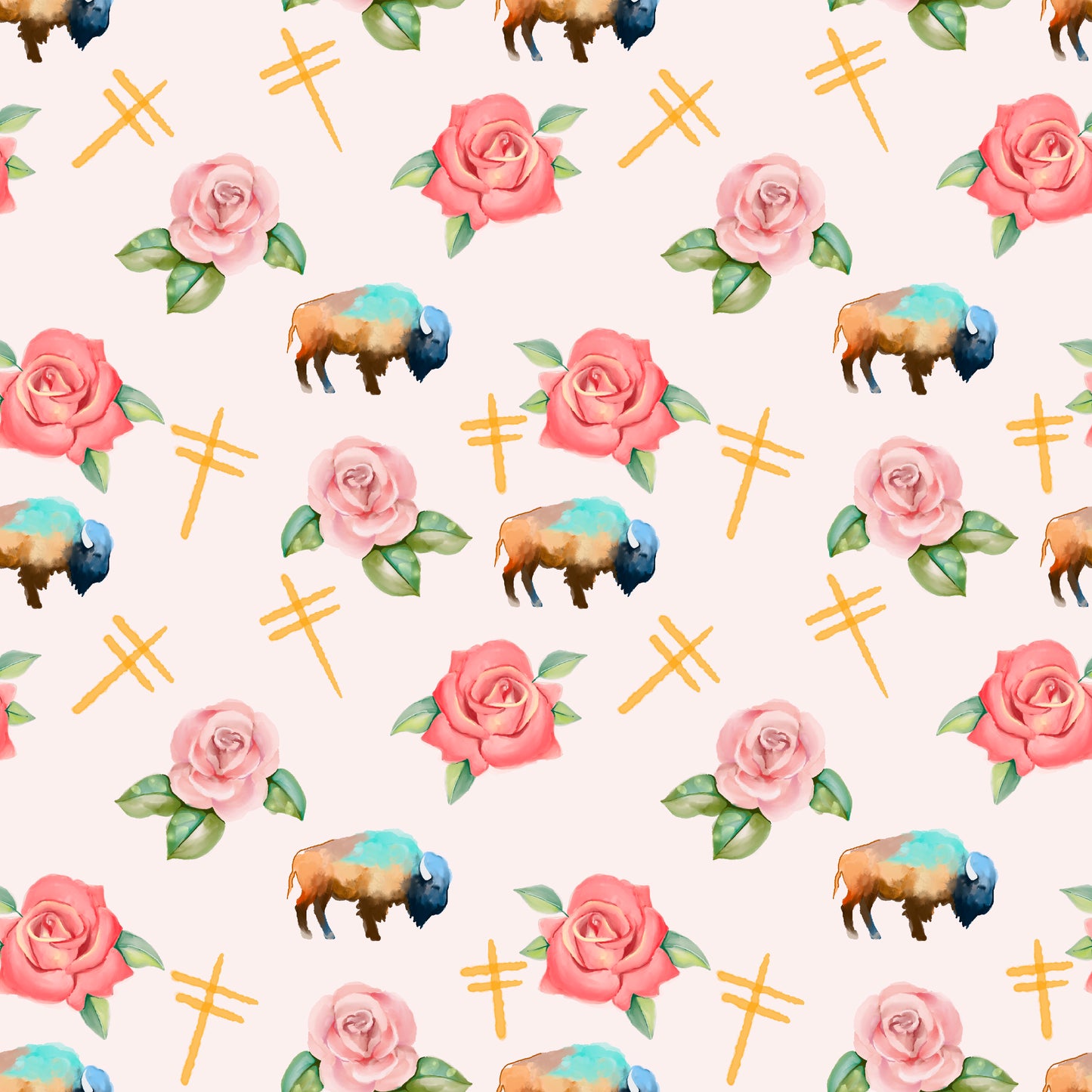 Water Color Buffalo, Dragonflies and Roses design Fabric by Paula TopSky Houtz