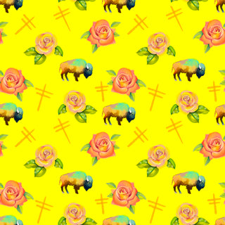 Water Color Buffalo, Dragonflies and Roses design Fabric by Paula TopSky Houtz