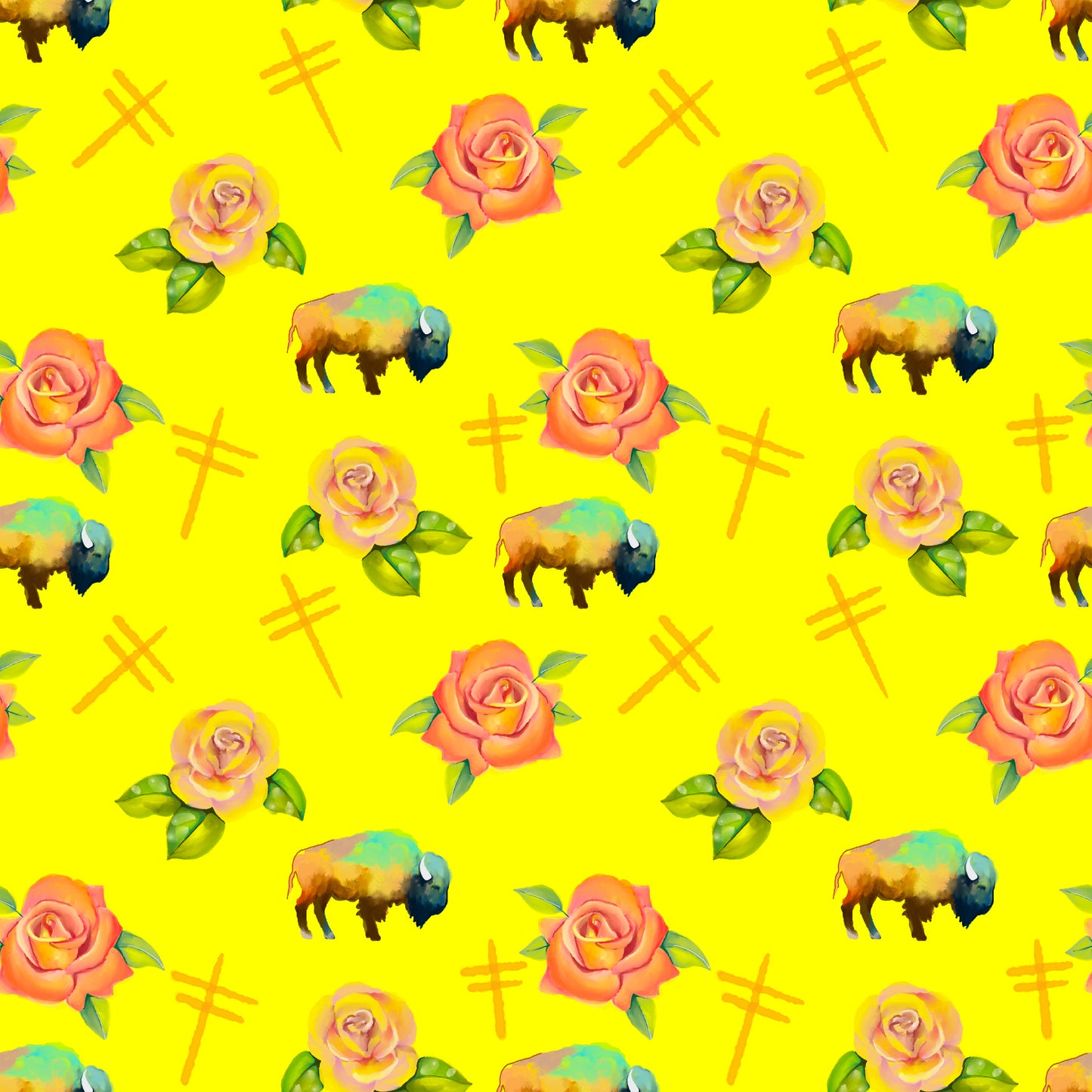 Water Color Buffalo, Dragonflies and Roses design Fabric by Paula TopSky Houtz